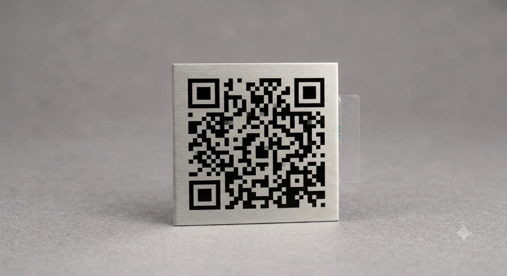 Brushed metal QR code plate with peel tab