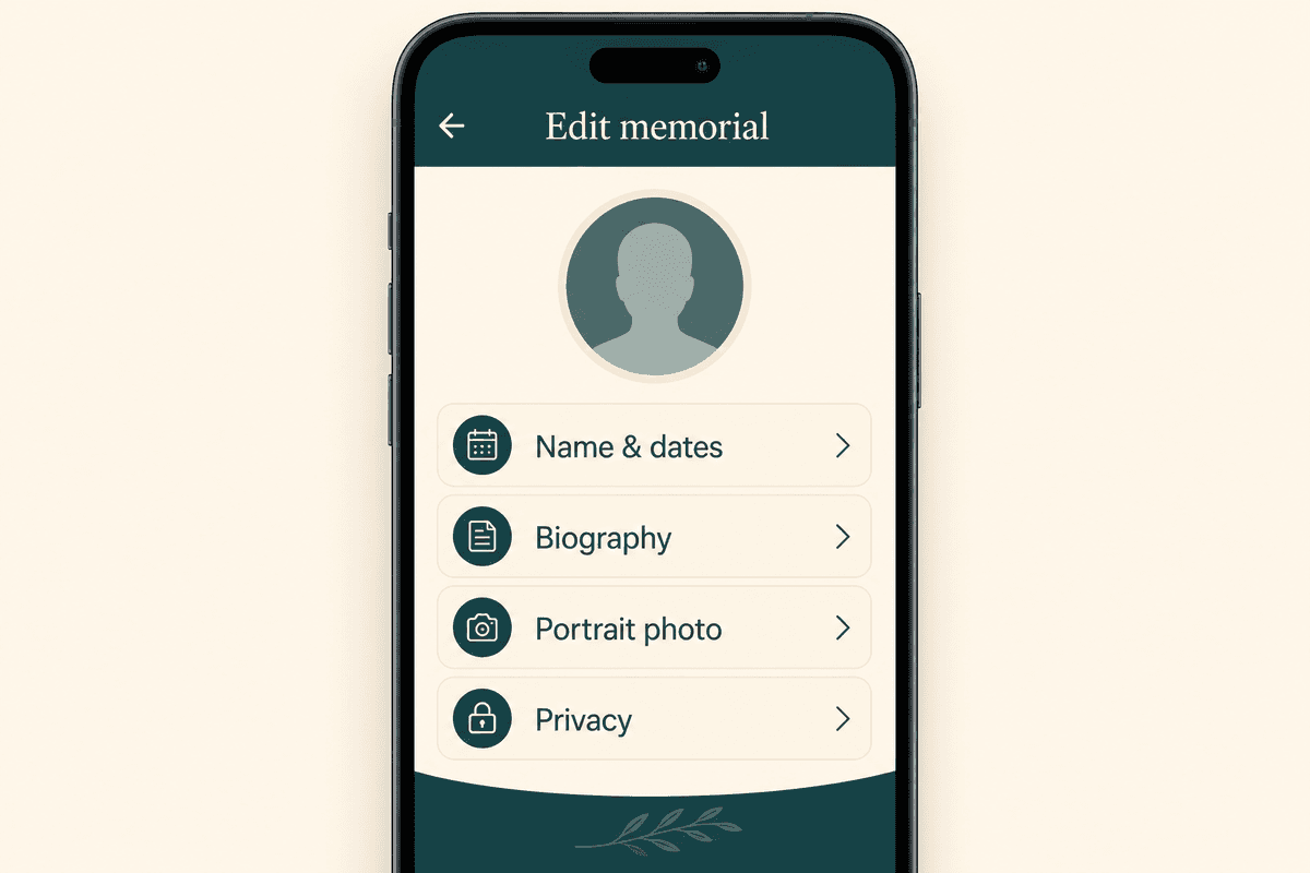 Phone screen showing a simple memorial profile editing menu