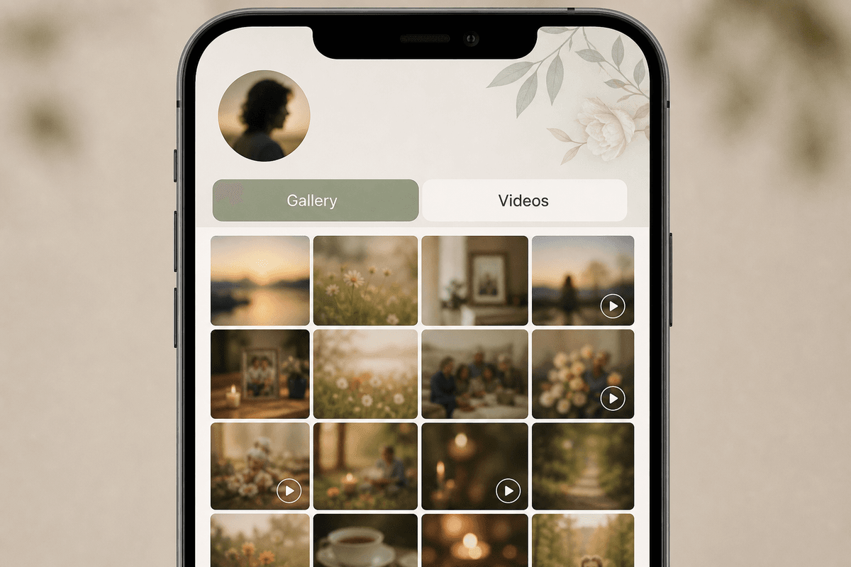 Phone screen showing a memorial gallery and video library