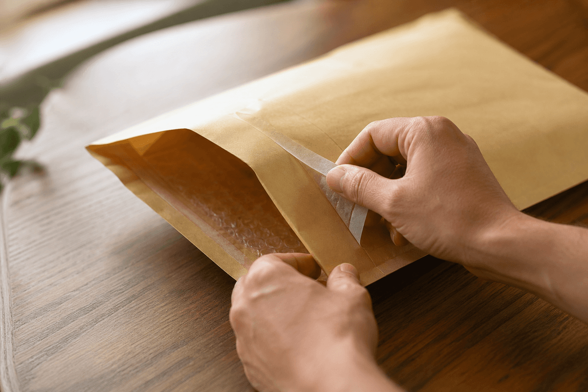 Hands opening a small padded mailer envelope on a table