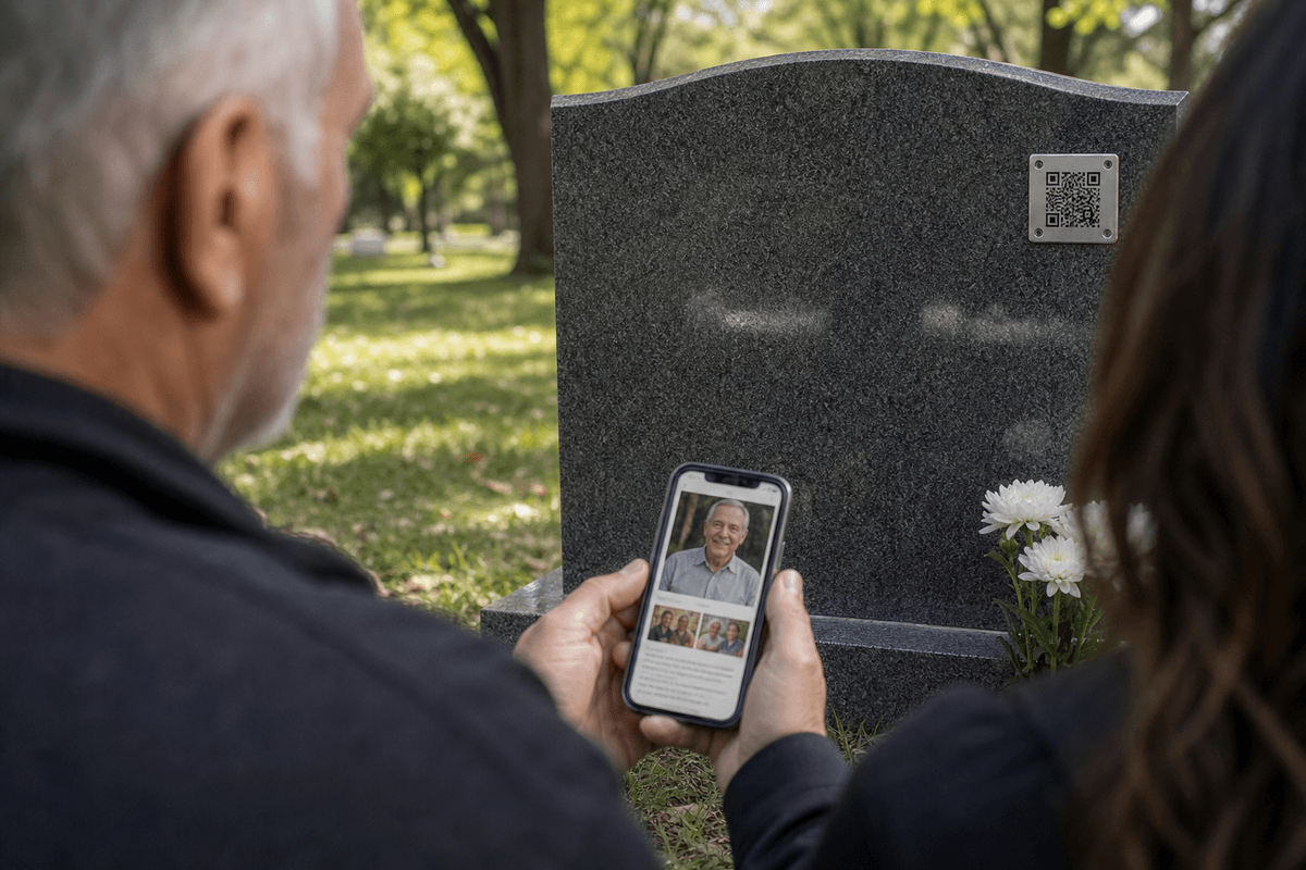 People viewing a memorial on a phone in front of a tombstone with a QR plaque